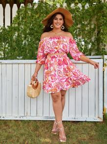 SHEIN VCAY 大碼佩斯利印花露肩短款上衣和荷葉邊下擺半身裙 - 彩色 - 查看 1