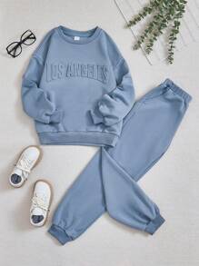 SHEIN 女大童字母圖案落肩袖套頭衫和運動褲 - 霧霾藍 - 查看 2