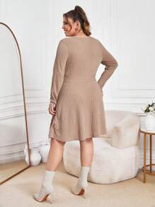 SHEIN Essnce Plus Button Front Ribbed Knit A-line Dress - Khaki - View 2