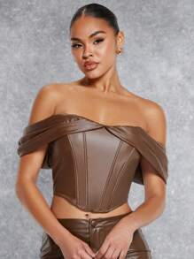 SHEIN BAE Off Shoulder PU Leather Crop Top - Mocha Brown - View 4