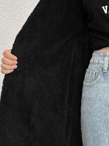 SHEIN 少女标语图案毛绒装饰连帽松紧腰带保暖衬里外套 - 黑色 - 查看 4