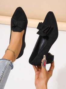 女性多用途蝴蝶結黑色工作鞋,中跟,粗粗跟,圓頭,四季 - 黑色 - 查看 1