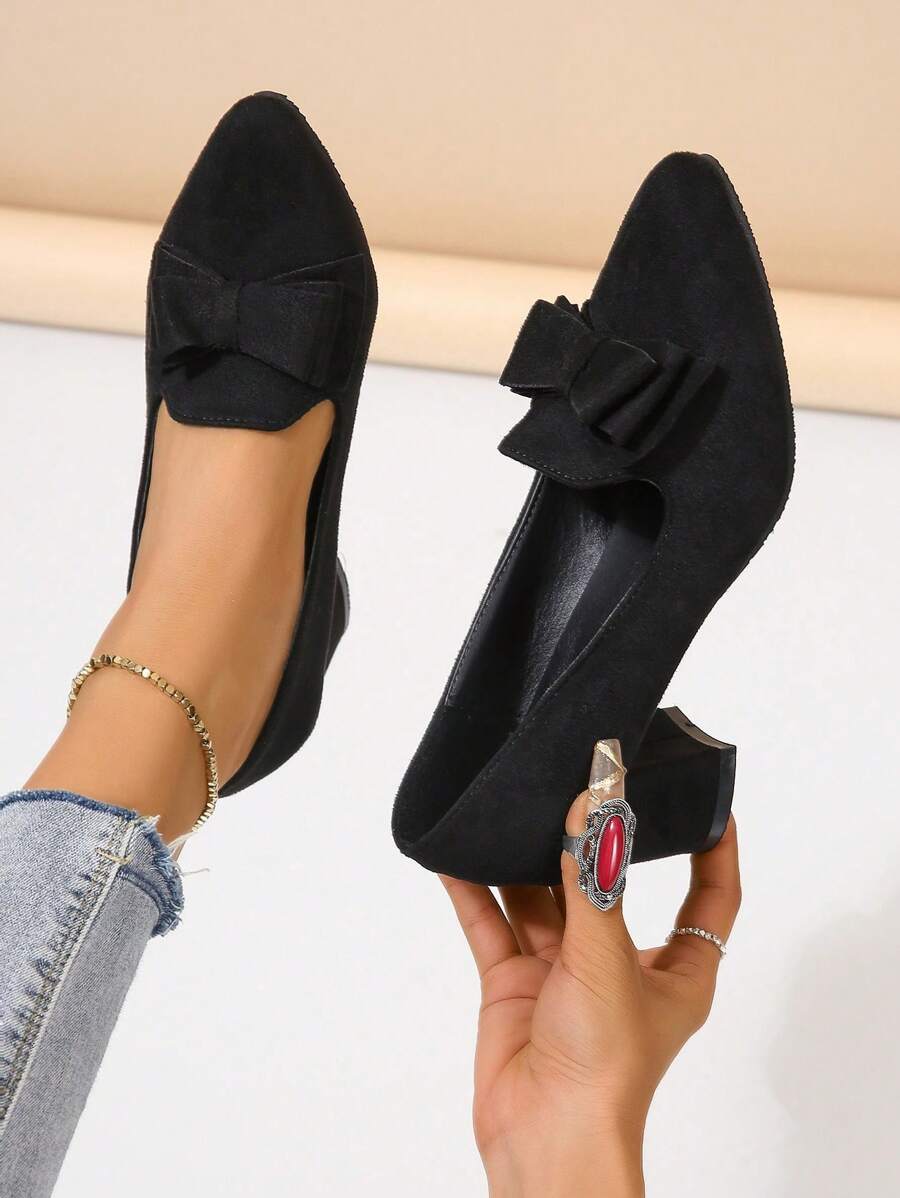 女性多用途蝴蝶結黑色工作鞋,中跟,粗粗跟,圓頭,四季 - 黑色 - 查看 1