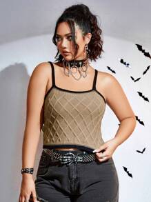 Flirla 大碼萬聖節條紋圖案針織吊帶上衣&短上衣 - 卡其色 - 查看 3