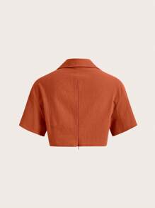 SHEIN EZwear 翻蓋口袋落肩袖短款襯衫 - 鏽棕色 - 查看 2