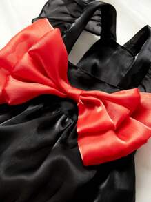 ROMWE Pet Dress Strap & Flutter Sleeve Red Butterfly Satin Black Formal Skirt - Multicolor - View 8