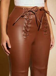 SHEIN SXY Lace Up Front Flare Leg Patent Pants - Coffee Brown - View 9