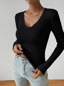 Chiquease Jersey de punto acanalado, blusa de encaje de contraste casual de primavera/otoño para damas, jersey de manga larga ajustado de punto acanalado, básico de manga regular, suéteres de mujer de punto para otoño e invierno - Negro - Ver 4