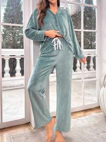 落肩纽扣前开襟家居服套装，秋冬服装，舒适套装，蓬松柔软 - 綠色 - 查看 3