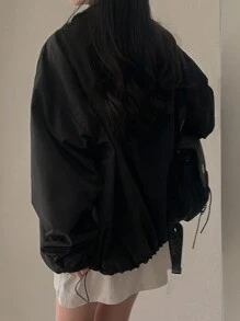 DAZY Solid Drop Shoulder Coat,Ladies Spring/Fall Casual Zipper Drop Shoulder Collar Loose Black Plain Women Coats,Casual Daily Wear Women Jacket - Black - View 2