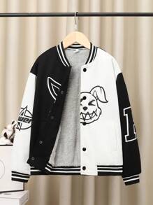 SHEIN 男大童字母和卡通圖案雙色加絨內裏學院風夾克 - 黑與白 - 查看 4