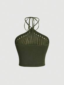 SHEIN MOD Solid Hollow Out Halter Knit Top - Army Green - View 2