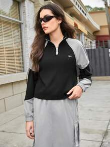 SHEIN Sports Áo khoác nỉ ngoài trời tay raglan cổ kéo nửa thân, in chữ phối màu, họa tiết. - màu đen - Xem 6