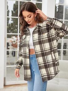 Chiquease Pocket Front Plaid Print Drop Shoulder Overcoat Fall Cloth For Women - Mocha Brown - View 5