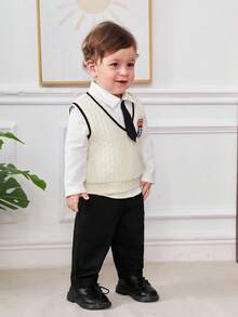 SHEIN Baby Boy Letter Patched Striped Trim Tank Top & Pants & Shirt & Tie - Multicolor - View 4