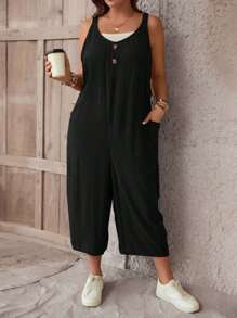SHEIN LUNE Plus Button Front Dual Pocket Cami Jumpsuit Without Tube Top