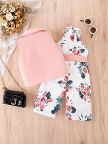 Baby Girl Solid Vest Jacket & Floral Print Belted Jumpsuit