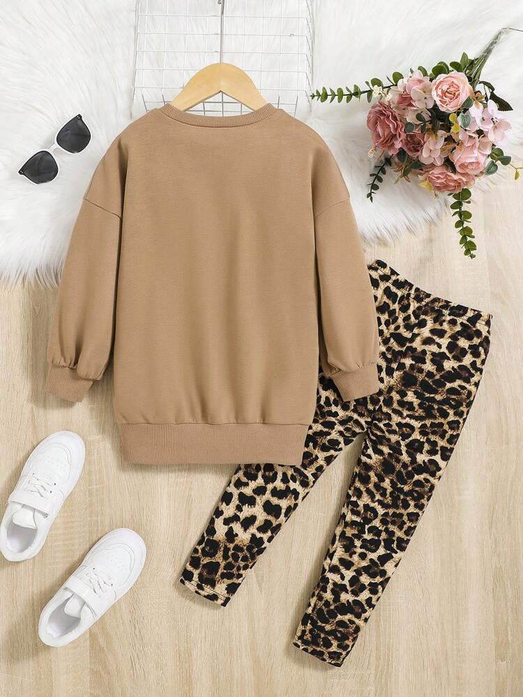 Young Girl Letter Graphic Drop Shoulder Pullover & Leopard Leggings