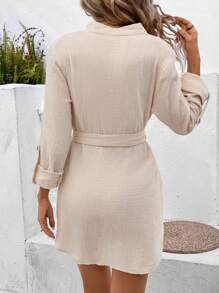 SHEIN Frenchy Solid Belted Tunic Dress - Apricot - View 2