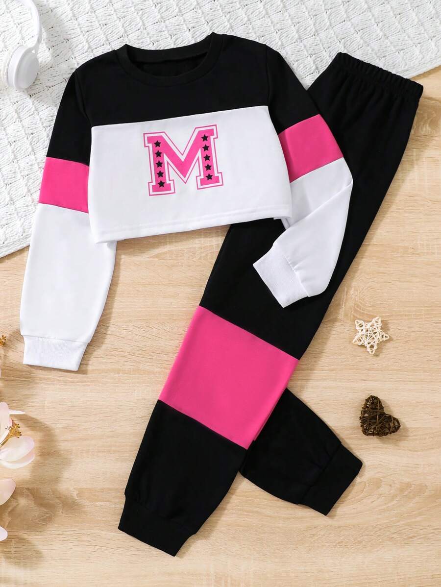SHEIN Tween Girl Letter Graphic Colorblock Sweatshirt & Sweatpants - Multicolor - View 1