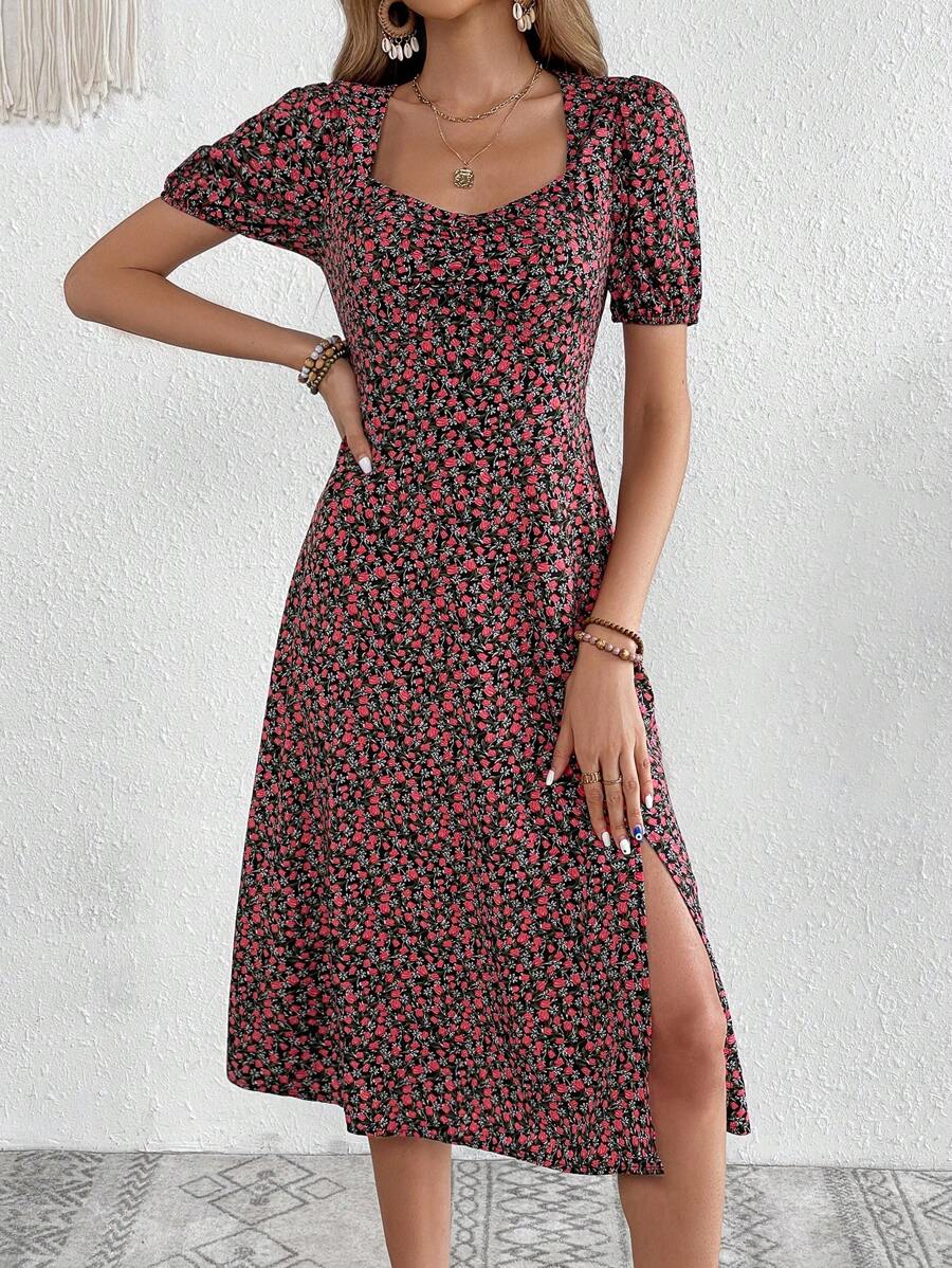 SHEIN VCAY In hoa Ditsy Tách đùi Đầm - màu đen - Xem 1