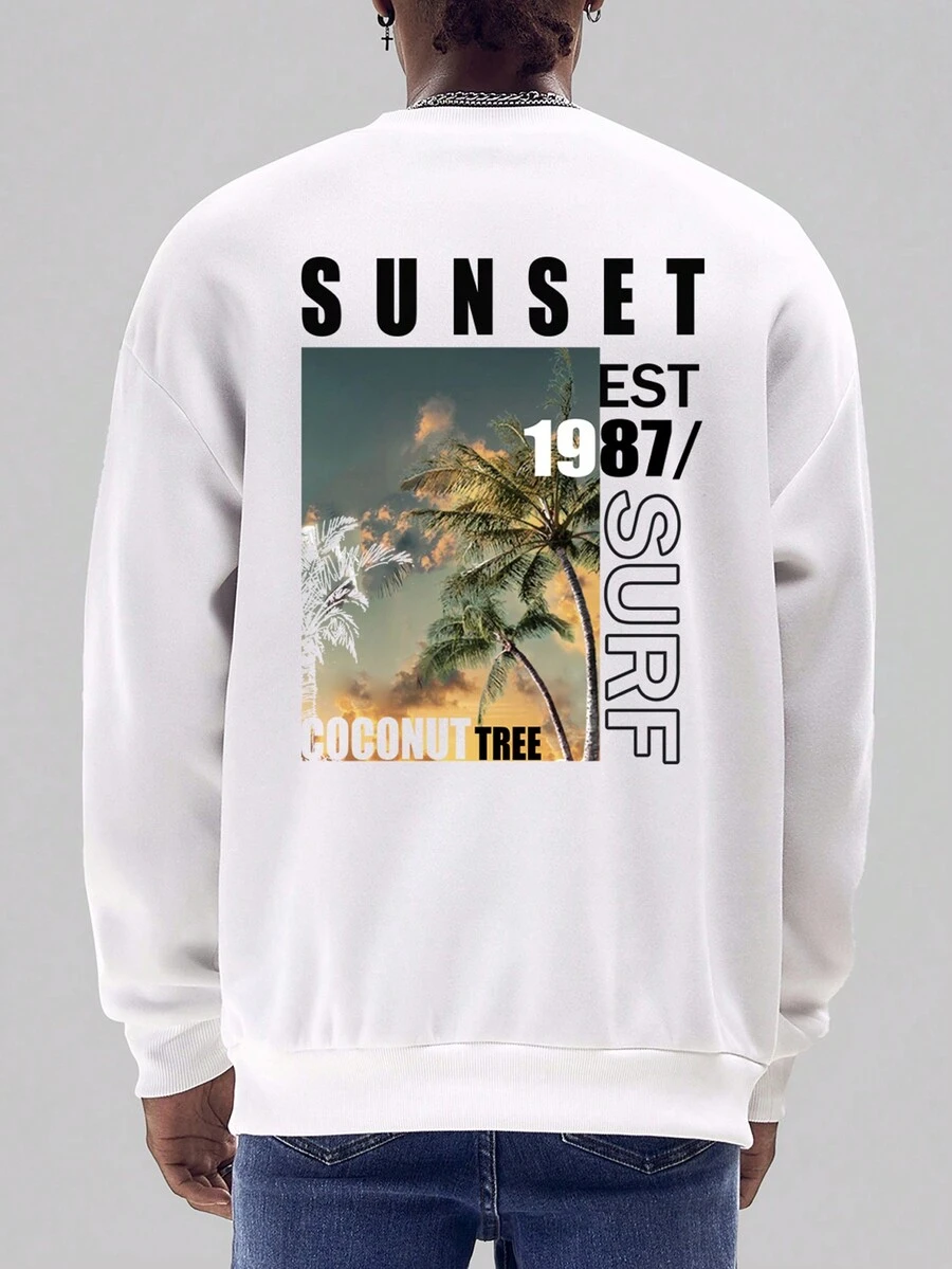 Men Tropical and Letter Graphic Sweatshirt - White - View 1