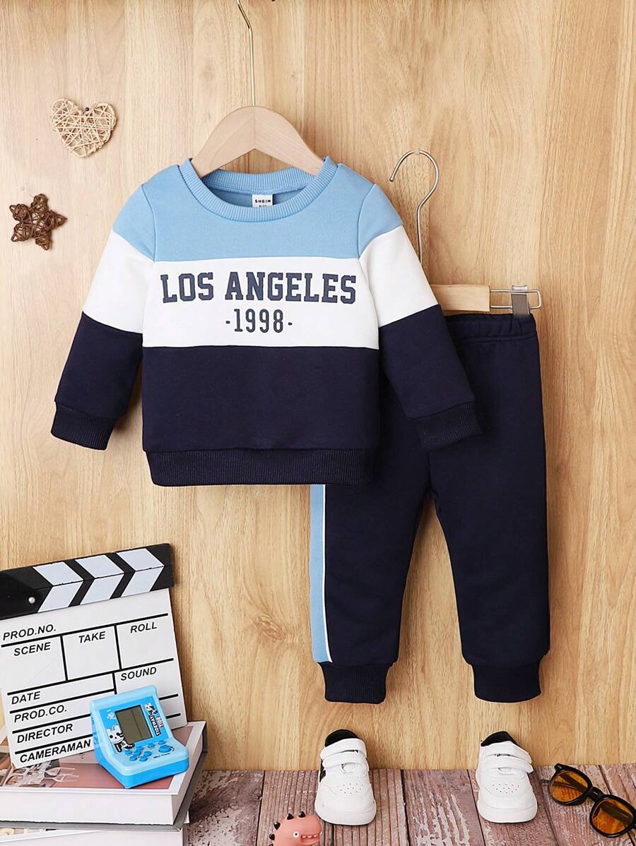 Baby Boy Colorblock Slogan Graphic Sweatshirt & Contrast Side Seam Sweatpants - Blue and White - View 1