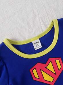 SHEIN Baby Girl Heart Print Puff Sleeve Contrast Binding Tee & Cape & Belted Skirt Costume Set