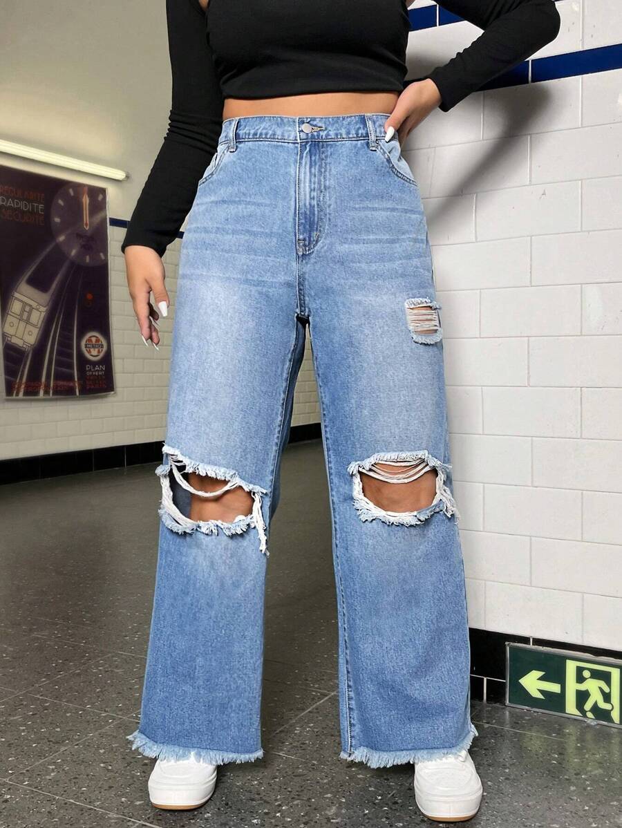 SHEIN ICON 大碼高腰破洞毛邊闊腿牛仔褲 - 淺色水洗藍 - 查看 1