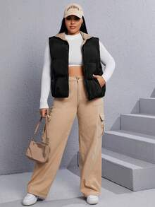 SHEIN X Galloways 加大码双向拉链羽绒背心加厚外套 - 黑色 - 查看 4