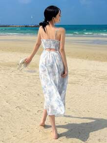 DAZY Váy yếm xếp nếp in hoa phía trước, váy suông Milkmaid - Màu xanh lam - Xem 2