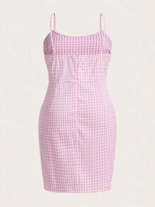 SHEIN EZwear 大碼格子圖案前蝴蝶結吊帶洋裝 - 粉色 - 查看 2