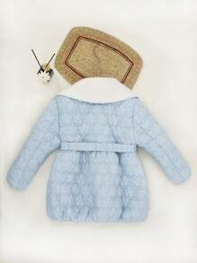 SHEIN 女小童花卉圖案提花羊絨領口腰帶絎縫外套