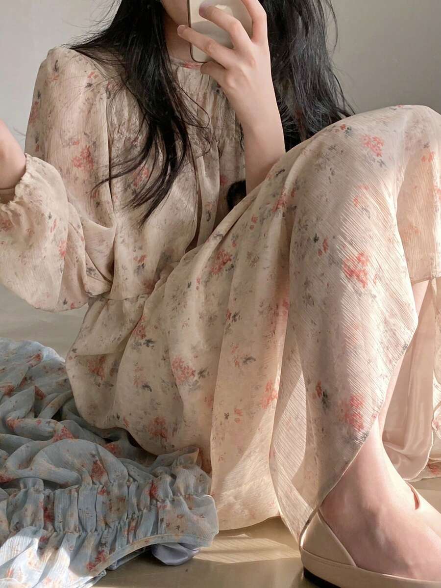 DAZY Vải in hoa Tay áo Đèn lồng Váy Smock - Nhiều màu - Xem 1