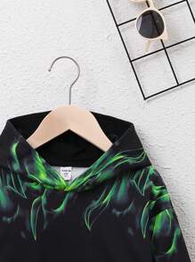SHEIN Tween Boy Loose Fit College Flame Printed Hooded Knitted Sweatshirt