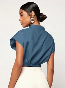 SHEIN Essnce 前扭結蝙蝠袖短款襯衫 - 霧霾藍 - 查看 2