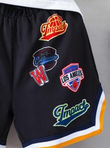 SHEIN 男小童字母圖案條紋飾邊棒球領襯衫&短褲不帶T恤 - 黑色 - 查看 7