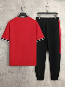 Manfinity Homme Men Letter Graphic Colourblock Tee & Drawstring Waist Joggers - Black - View 2