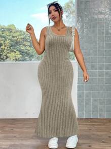 Flirla Plus Ribbed Knit Mermaid Hem Tank Dress - Brown - View 4