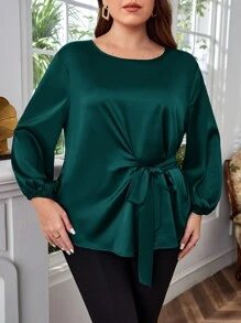EMERY ROSE Hơn Tay áo lồng đèn Nút phía trước Áo sơ mi - Màu xanh lá cây đậm - Xem 5