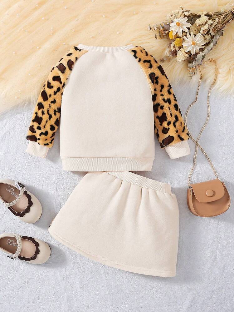 Baby Girl Letter Graphic Raglan Sleeve Sweatshirt & Leopard Print Skirt