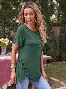 EMERY ROSE 紐扣細節不對稱下擺T恤 - 墨綠色 - 查看 5