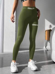 SHEIN PETITE Đồ họa Chữ cái Kiểm soát bụng Xà cạp - xanh quân đội - Xem 6