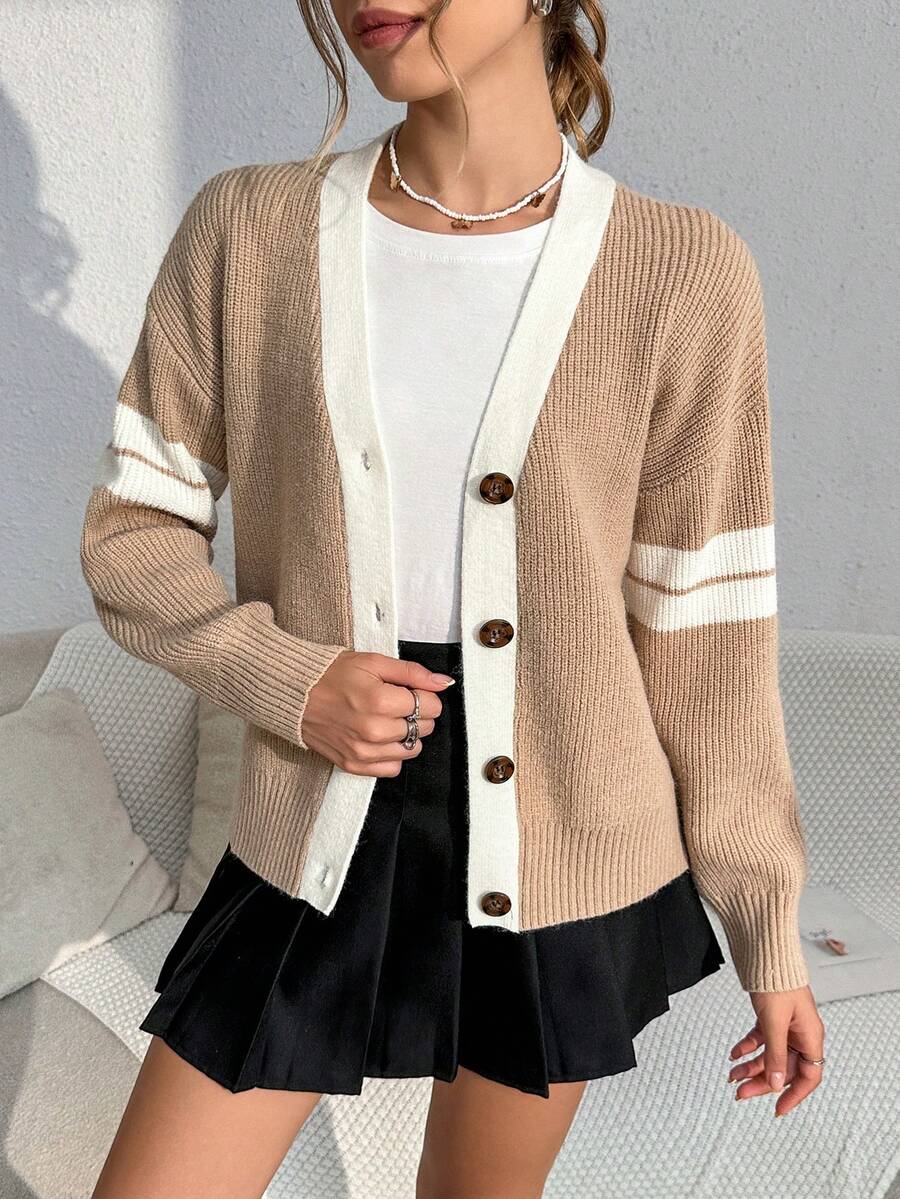 SHEIN Qutie 條紋圖案落肩袖開襟衫 - 棕色 - 查看 1