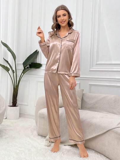 Contrast Piping Satijnen Top Pants PJ Set Pajama Set, Fall Clothes Cozy Elegante s, view 3