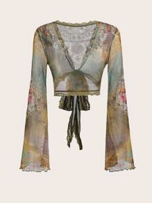 SHEIN ICON Y2K Grunge Hippie Floral Print Tie Front Mesh Top