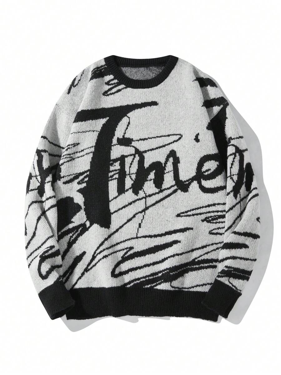 Manfinity Hypemode Men Letter Pattern Sweater - Black and White - View 1