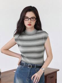 Mẫu sọc Cổ giả Tay áo mũ Knit ngọn - Màu xám đen - Xem 5