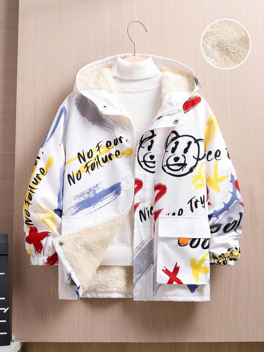 SHEIN 休閒鈕扣 口袋 拉鍊卡通 標語男童（大）外套 - 彩色 - 查看 1