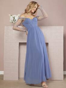 SHEIN Belle Off Shoulder Split Thigh Dress - Blue - View 3